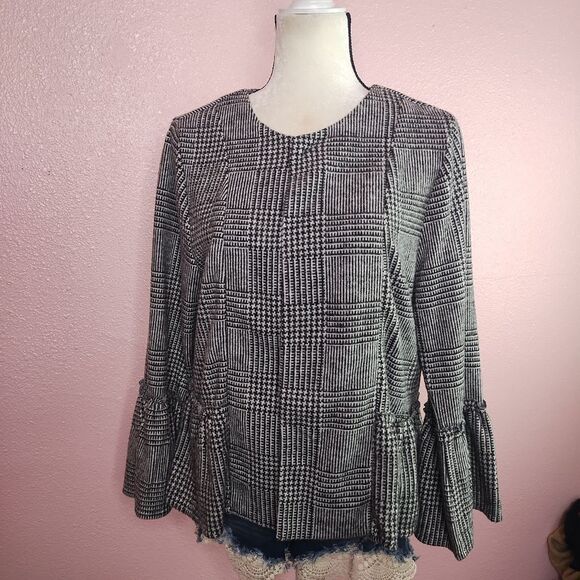 August Silk Plaid Open Front Cardigan with Ruffle Sleeves Large - Picture 2 of 9
